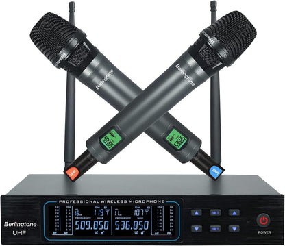 Berlingtone BR-56UM 120- Adjustable Channel Dynamic Dual UHF Wireless Microphone System, Metal Mic, Base