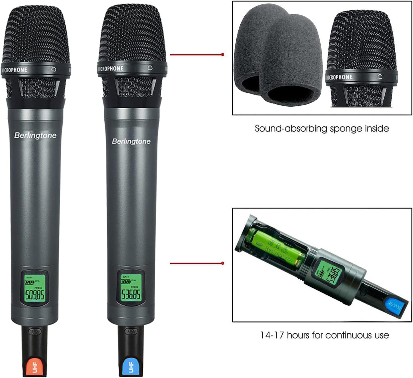 Berlingtone BR-56UM 120- Adjustable Channel Dynamic Dual UHF Wireless Microphone System, Metal Mic, Base