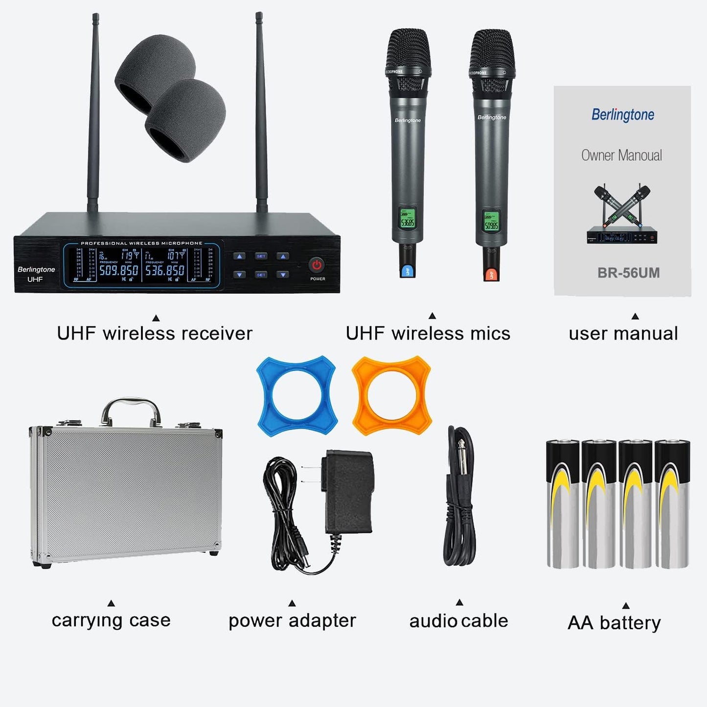 Berlingtone BR-56UM 120- Adjustable Channel Dynamic Dual UHF Wireless Microphone System, Metal Mic, Base