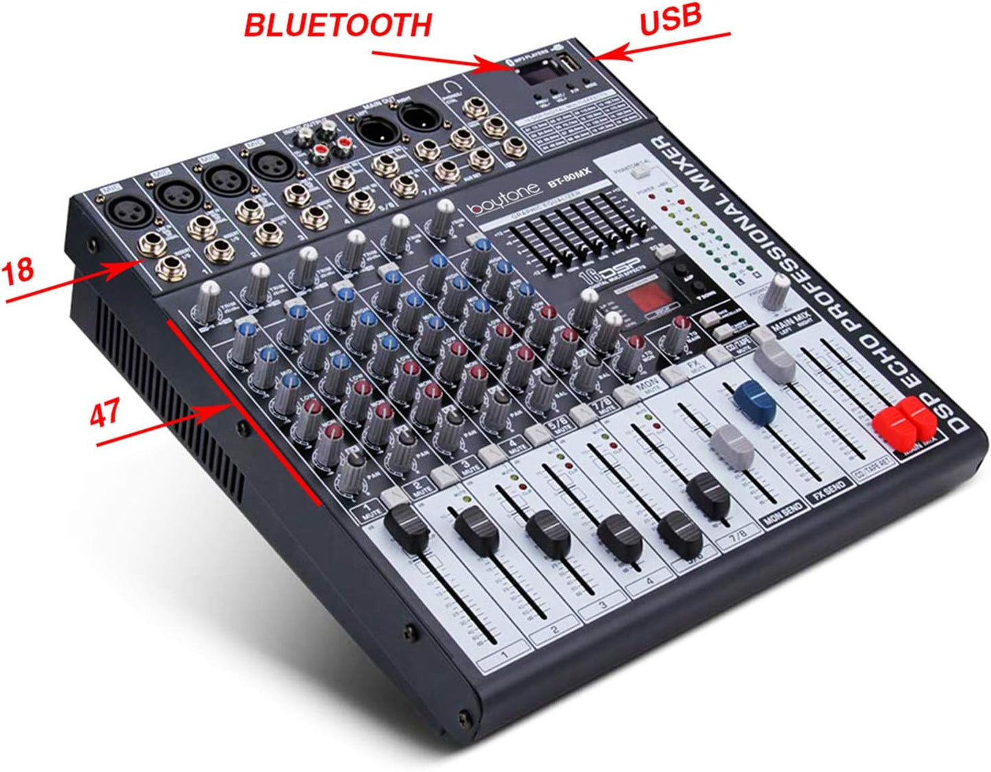 Boytone BT-80MX, 8 - Channel Bluetooth Audio Mixer - DJ Sound Controller, USB MP3 Player, 4 XLR Microphone Jack, 7 Band EQ, 16 BIT Digital Multi FX Processor