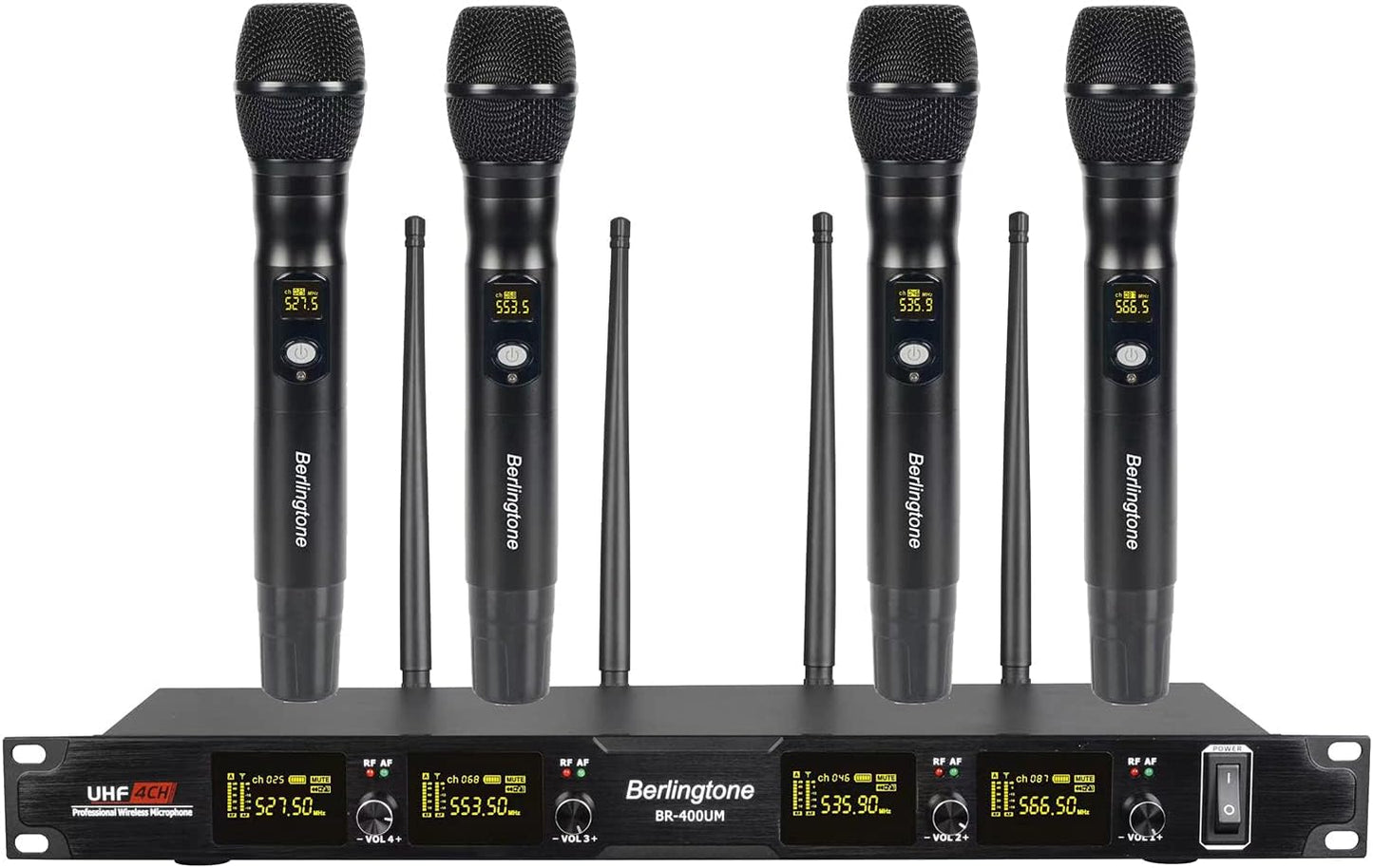 BR-400UM 4-Channel UHF Wireless Microphone System, with 4 Independent Antenna, Fixed Frequency, Metal Mic, Base, Wedding, Church, DJ, Party, up 260ft Range